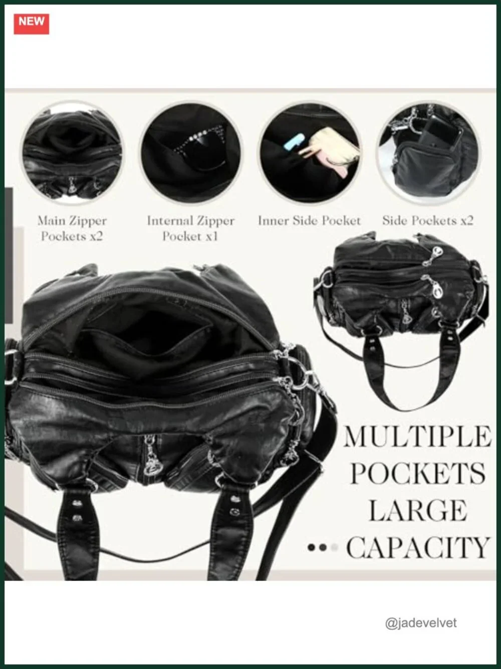 Y2K Hobo Vegan Leather Multi-Pocket Satchel Purse Handbag Goth Punk Crossbody